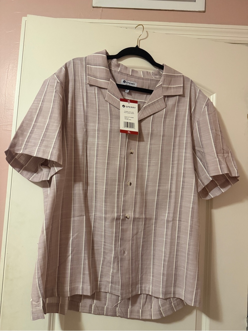 Sperry Men’s Short-Sleeve Button-Down Shirt in Light Mauve and White Stripe